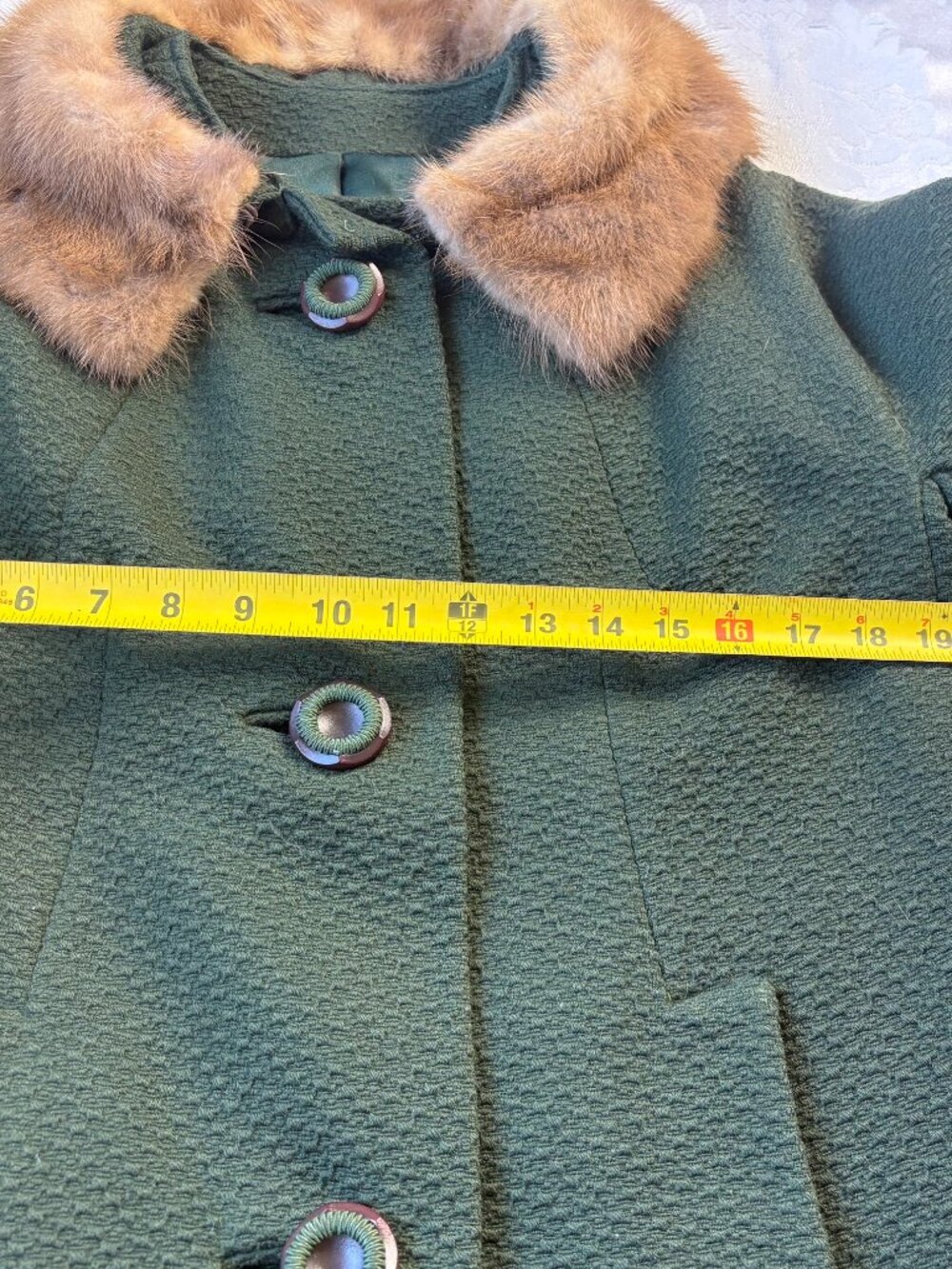 VTG 1950s Hockanum Benara Green Wool Swing Coat Mink Fur Collar Union Made M L - Picture 4 of 10